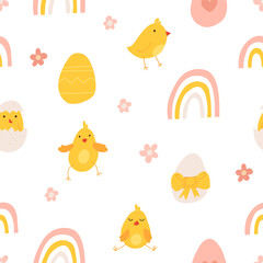 Vector color hand-drawn children cute easter seamless pattern with hens, bunny, easter eggs, flowers in scandinavian style. Easter colorful set. Doodle cartoon spring background. Happy easter.