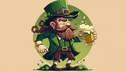 Fototapeta premium St.Patrick's Day celebration flat anime style background. Leprechaun man in green hat with green beer Generative ai