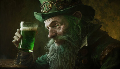St. Patrick's day celebration background. Leprechaun man in green hat with green beerGenerative ai