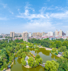 Fototapeta premium Aerial photography of Chang'an Park and Longquan Tower in Chang'an District, Shijiazhuang City, Hebei Province, China