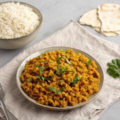 Homemade Red Lentil Dahl with Rice and Cilantro on a gray background, side view.