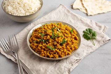 Homemade Red Lentil Dahl with Rice and Cilantro on a gray background, side view.