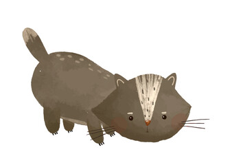 cute childish illustration with funny cartoon black cat, kitten. Baby cat design and print, sticker