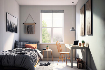 Bright minimalist youth dorm room with typical decoration and furniture as digital illustration (Generative AI)
