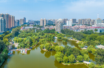 Aerial photography of Chang'an Park and Longquan Tower in Chang'an District, Shijiazhuang City, Hebei Province, China