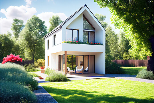 Illustration of modern German detached house in city area with beautiful garden (Generative AI)