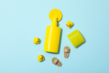 Concept of summer skin care accessories, top view