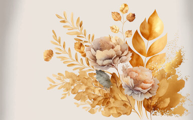 Abstract background watercolor gentle gold flower and gold splash and white background. gold and white watercolor flower art.	 - obrazy, fototapety, plakaty