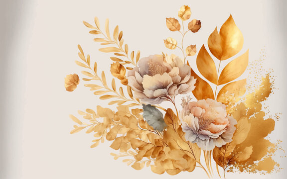 Abstract background watercolor gentle gold flower and gold splash and white background. gold and white watercolor flower art.	
