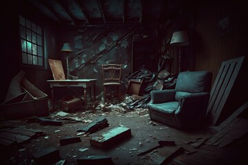 Living room destroyed in war, Generative AI - obrazy, fototapety, plakaty