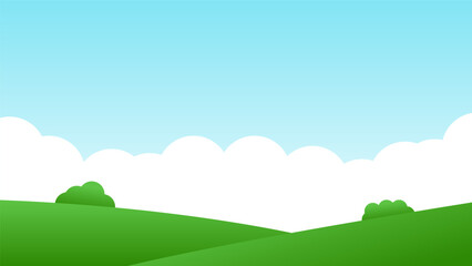 landscape cartoon scene. green field with bush on hill and summer clear blue sky with white cloud