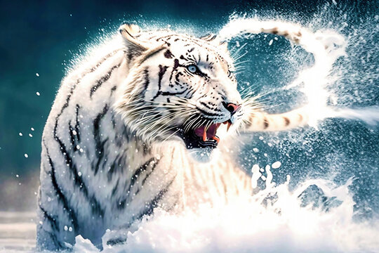 White tiger in snow art screen background created with Generative AI technology