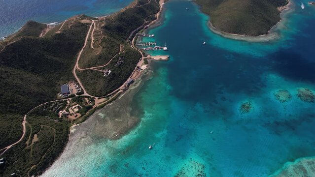Aerial View of British Virgin Islands, Virgin Gorda and Oil Nut Bay Coral Reefs, Drone Shot