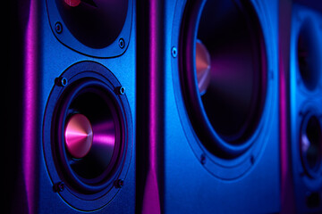 Two sound speakers and subwoofer on dark background with neon lights. Set for listening music....