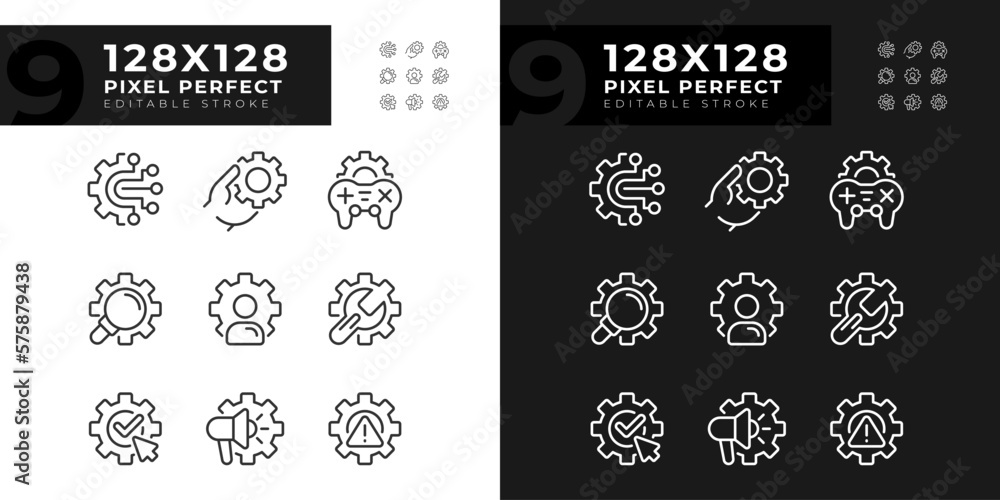 Wall mural gears pixel perfect linear icons set for dark, light mode. account personalization. digital system s - Wall murals