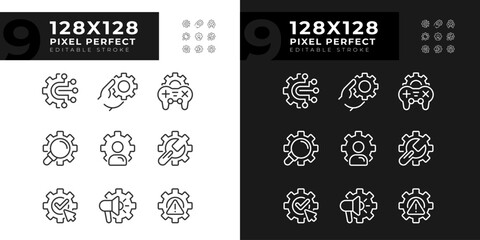 Gears pixel perfect linear icons set for dark, light mode. Account personalization. Digital system settings. Thin line symbols for night, day theme. Isolated illustrations. Editable stroke