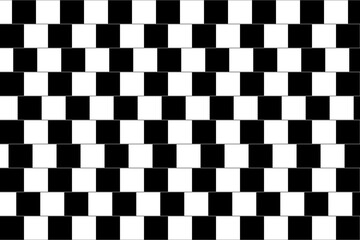 Shifted horizontal parallel lines with squares. Optical illusion with delusion effect. Checkered black and white pattern. Mosaic texture with visual deception motif