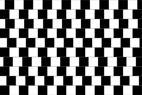 Shifted horizontal parallel lines with squares. Optical illusion with delusion effect. Checkered black and white pattern. Mosaic texture with visual deception motif