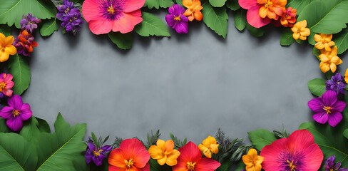 Banner frame background with beautiful. background for design. Colorful background with tropical plants. Place for your text space. Generate AI