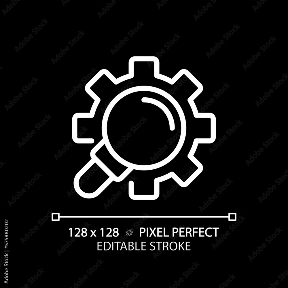 Poster extended search pixel perfect white linear icon for dark theme. search engine inquiry customization.