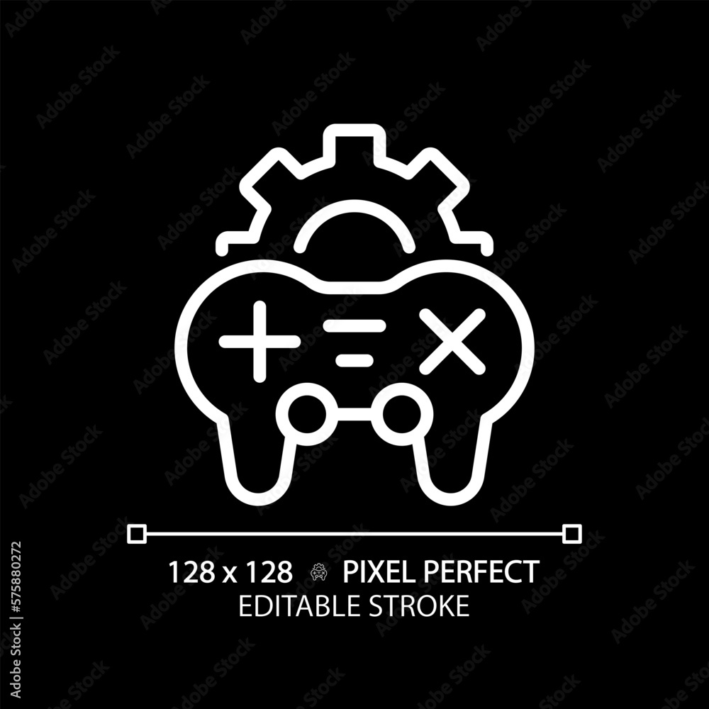 Aufkleber game settings pixel perfect white linear icon for dark theme. videogame adjustment menu. controller.