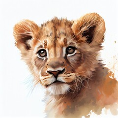 Watercolor portrait of a cute baby lion