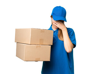Delivery caucasian woman over isolated background with tired and sick expression