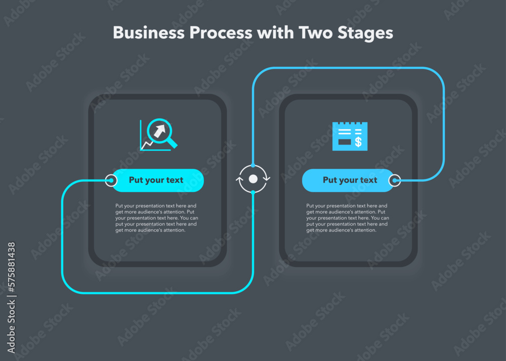 Poster Simple diagram for business process with two stages - dark version. Simple flat template for data visualization.
