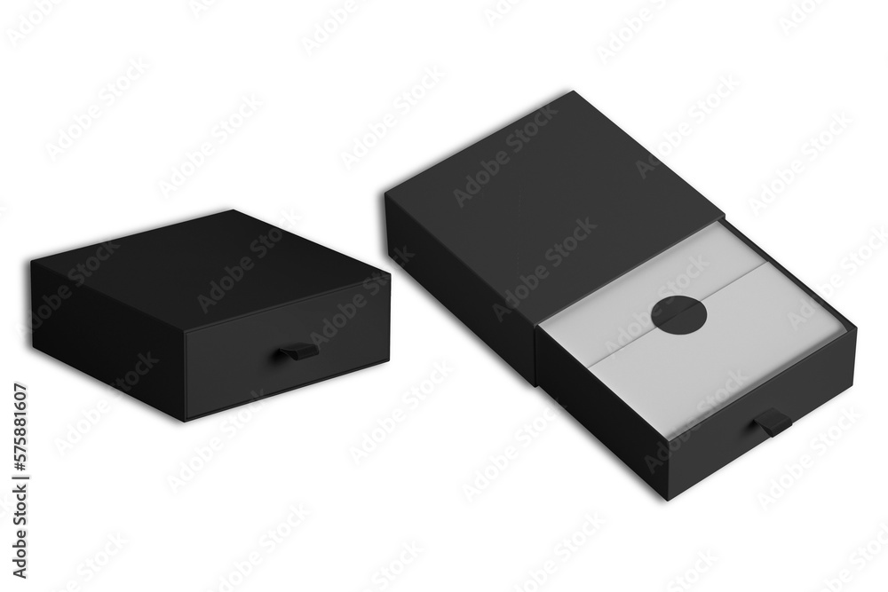 Poster open and closed black package cardboard ribbon pull and slide drawer box.3d rendering.