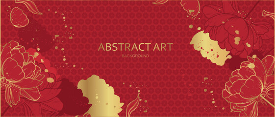Vector poster with peony flowers on a red background. Chinese background.