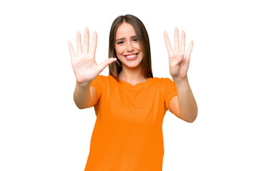 Young pretty caucasian woman over isolated background counting nine with fingers