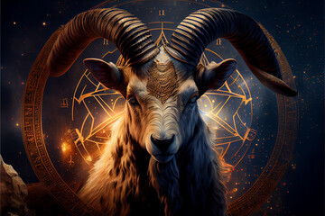 Capricorn zodiac sign astrological background. The goat horned horoscope sign. Astrology theme. High quality illustration.