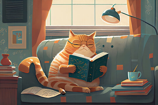The cat is reading a book at home, sitting on a soft sofa. AI generated.