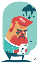 A sad character with a mobile phone, reading bad news, Flat vector illustrations isolated on white background