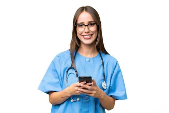 Young nurse caucasian woman over isolated background sending a message with the mobile