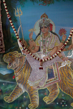 Sanatan Mandir hindu temple, Leicester. Garlanded image of goddess Durga riding a tiger. United kingdom.