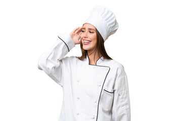 Young chef caucasian woman over isolated background has realized something and intending the solution