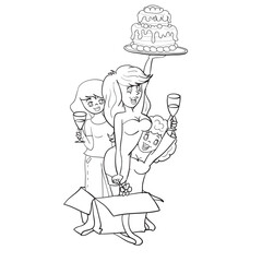 sketch, three women jump out of the box with gifts, isolated object on a white background, cartoon illustration, vector,