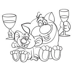 sketch, cat and mouse sit together and drink champagne from glasses, isolated object on white background, illustration cartoon, vector,