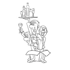 sketch, three men jump out of a box with gifts, isolated object on a white background, cartoon illustration, vector,