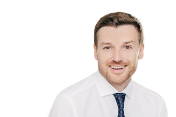 Studio shot of handsome unshaven male entrepreneur with cheerful expression, rejoices raising sales, dressed in formal clothes, isolated over white background with copy space aside for your text
