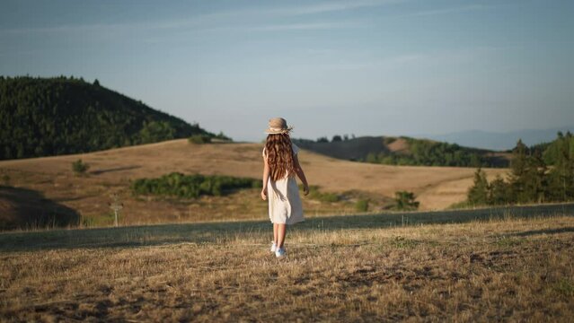 Video of a beautiful little girl walking on meadow. Rear view.