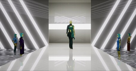 3D Fashion Show. The Virtual Female Model Walks Down the Runway. A Trendy Green Suit. Meeting in Virtual Space, Meta Podium Show, Artificial World. Concept of Gamification and Realization of NFT