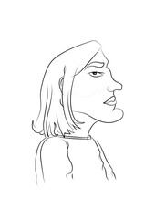 Blond long hair man profile view cartoon portrait character. Sketch pencil lines and inked strokes style vector illustration isolated on white background.