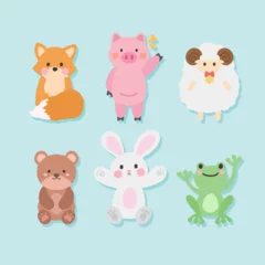 Fotobehang Cute animal doll with hand drawn illustrations of foxes, sheep, pigs, rabbits, bears, frogs, etc © Agnes Chen