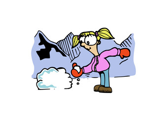 Cute blond hair little girl character smiling standing wearing winter clothes playing with snow with mountain landscape at the background in a cold day. Colorful cartoon style vector illustration.