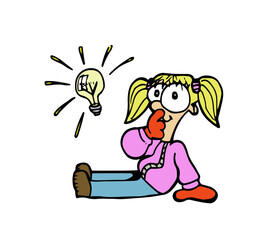 Cute blond hair little girl character wearing winter clothes sitting on floor smiling having a good idea with a light bulb icon. Colorful cartoon style vector illustration on white background.