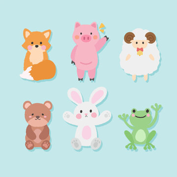 Cute animal doll with hand drawn illustrations of foxes, sheep, pigs, rabbits, bears, frogs, etc