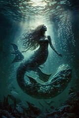 Image of underwater fantasy world beautiful mermaid with tail in ocean created by generative AI printed on Printed Glass Splashbacks