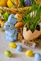 Happy easter day on april, Easter eggs and candy bunny, natural egg with growing wheat in the nest. Selective focus. Copy space